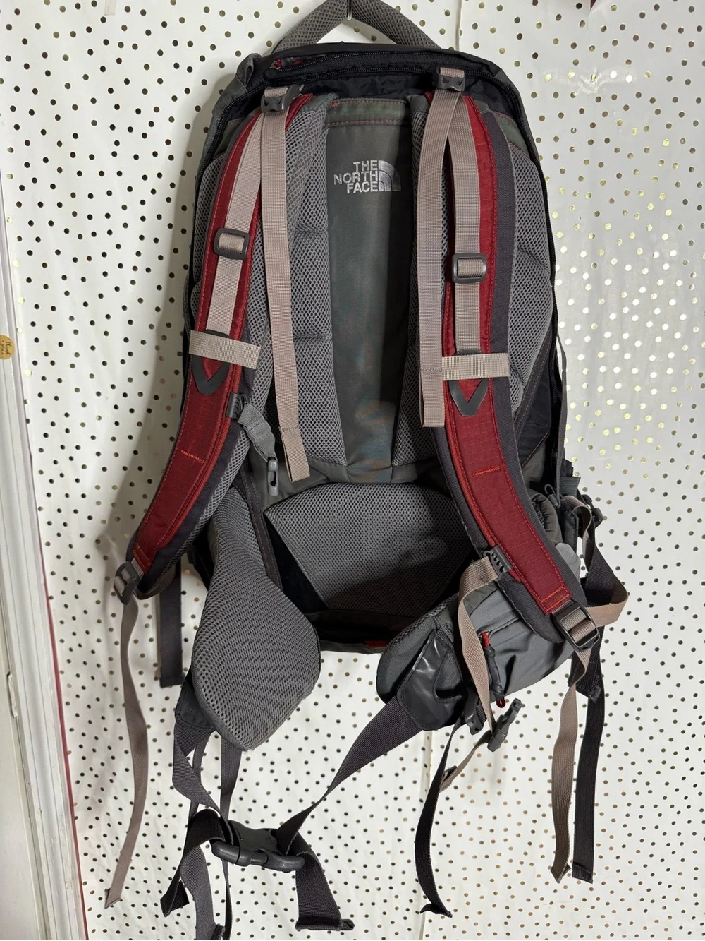 The North Face Black and Gray Men's Backpack with Red Accents
